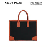 (Pre-Order) ADAM PEACH A054 Black Canvas Tan Leather Tote Bag