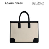 (Pre-Order) ADAM PEACH A054 Cream Canvas Black Leather Tote Bag