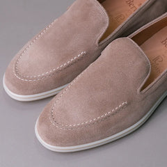 Side view of the Berwick Flex Walk Apron Stitch Loafers Go Rain Janus Suede Sughero highlighting silhouette, suede profile, and Flex Walk sole construction for Clothier & Sons.