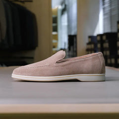 Angled view of the Berwick Flex Walk Apron Stitch Loafers Go Rain Janus Suede Sughero showcasing toe shape, suede nap, and refined craftsmanship for Clothier & Sons.