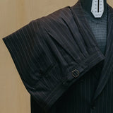 Shoulder detail of the Drop6 Wool Chalk Stripe Double Breasted Suit Navy showing shoulder structure, stripe alignment, and tailoring precision for Clothier & Sons.