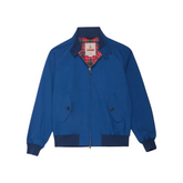 Front view of the Baracuta G9 Harrington Jacket Limoges Blue showing the classic Harrington silhouette, two-way zip closure, and signature umbrella yoke for Clothier & Sons.