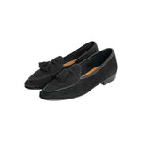 Angled view of the Baudoin & Lange Sagan Classic Tassels Loafers Obsidian Black Suede showcasing the refined toe shape, suede texture, and tassel accents for Clothier & Sons.
