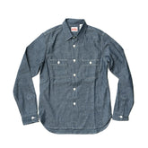 Front view of the Big John MS003R Selvedge Chambray Shirt Indigo showing the classic chambray shirt silhouette, indigo tone, and clean button-front design for Clothier & Sons.