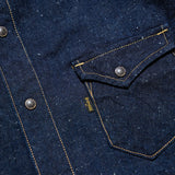 Button detail of the Big John MS004E Shirt Selvedge Denim highlighting button material, stitching precision, and workwear-inspired finishing for Clothier & Sons.