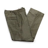 Waistband detail of the Big Yank M1945 Sateen Trousers Olive showing waistband construction, belt loops, and reinforced stitching for Clothier & Sons.