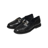 Front three-quarter view of the Chamula Bocado Black showing the woven leather upper, horsebit detail, and slip-on loafer silhouette for Clothier & Sons.