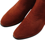 Close-up suede detail of the Chamula Botin Charro Suede Ante Tabaco highlighting soft nap texture and rich brown tone for Clothier & Sons.