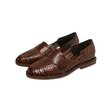 Front view of the Chamula Brasilia Brown2 showing the hand-stitched moccasin construction, rounded toe shape, and deep brown suede tone for Clothier & Sons.