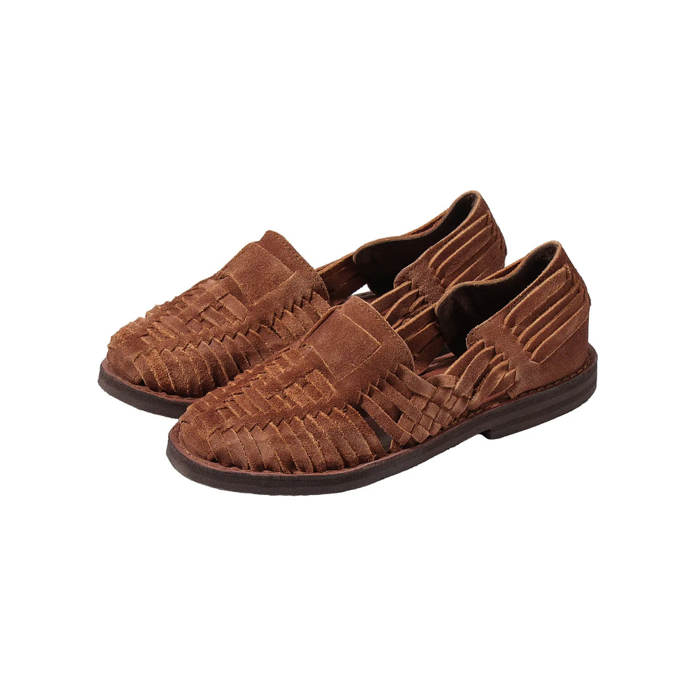 Front view of the Chamula Brasilia Cafe Suede showing the hand-stitched moccasin construction, rounded toe shape, and rich cafe suede tone for Clothier & Sons.