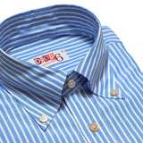 Close-up collar detail of the Drop6 New Bengal Stripe Button Down Shirt Blue showing button-down construction, stripe alignment, and stitching finish for Clothier & Sons.