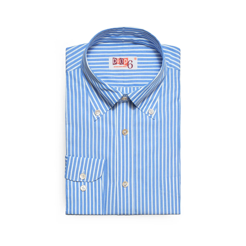 Folded front view of the Drop6 New Bengal Stripe Button Down Shirt Blue showing button-down collar, front placket, and classic bengal stripe pattern for Clothier & Sons.