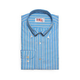Front view of the Drop6 New Bold Stripe Button Down Shirt Blue showing the bold stripe pattern, classic button-down collar, and balanced OCBD silhouette for Clothier & Sons.