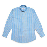 Full front view of the Drop6 New Bold Stripe Button Down Shirt Blue showing classic OCBD silhouette and balanced stripe proportions for Clothier & Sons.
