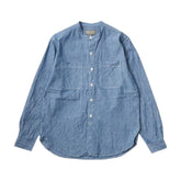 Empire & Sons L/S Classic Band Collar Shirt 5oz Vintage Chambray Blue Natural Stitch Front View