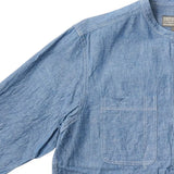 Empire & Sons L/S Classic Band Collar Shirt 5oz Vintage Chambray Blue Natural Stitch Pocket Detail