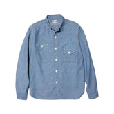 Front view of the Jelado Smoker Shirt Indigo Chambray Indigo showing the classic work shirt silhouette, indigo chambray fabric, and vintage-inspired design for Clothier & Sons.