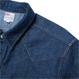 Collar detail of the Jelado Vaquero Shirt Indigo showing collar shape, stitching, and western-style finishing for Clothier & Sons.