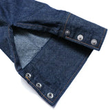 Cuff button detail of the Jelado Vaquero Shirt Indigo showing sleeve placket construction, button hardware, and western-style stitching for Clothier & Sons.