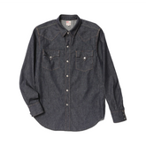 Front view of the Jelado Vaquero Shirt Indigo showing the western-inspired silhouette, indigo fabric, and vintage workwear detailing for Clothier & Sons.