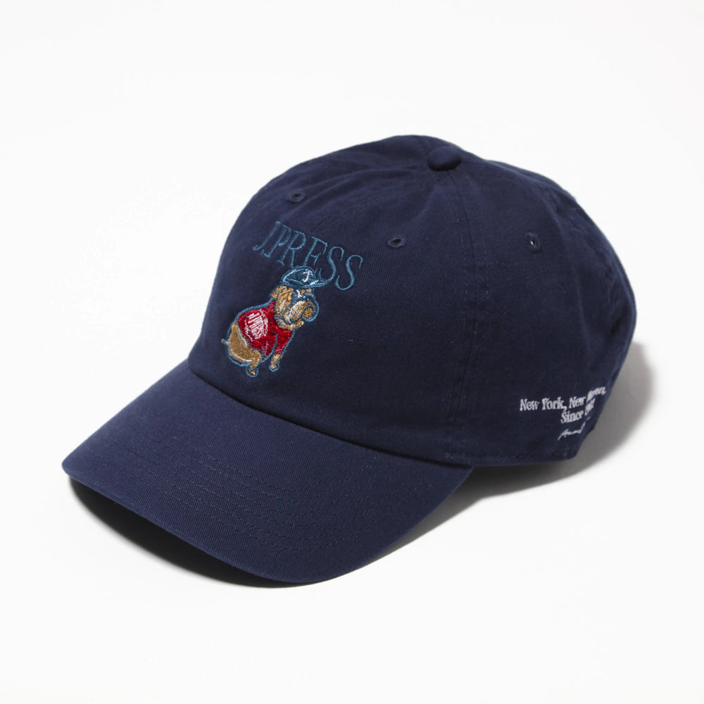 Front view of the J.Press Aaron Chang Cotton Twill Baseball Cap Navy showing the classic six-panel construction, curved brim, and embroidered graphic detail for Clothier & Sons.