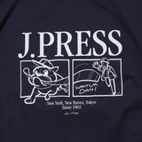 Graphic detail of the J.Press Aaron Illust T-shirt Graphic Navy showing printed illustration and design placement for Clothier & Sons.