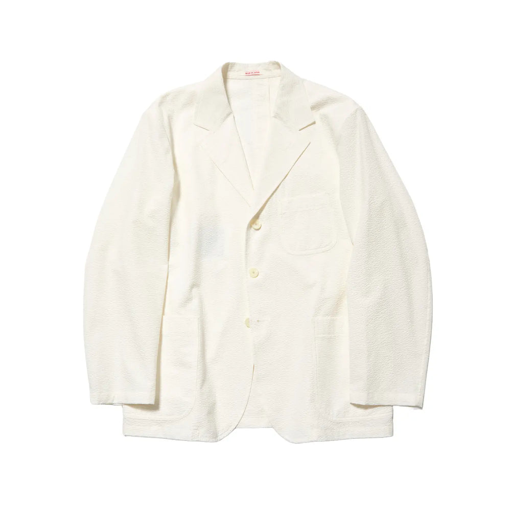 Front view of the J.Press Silk Seersucker 3B Sack Jacket White showing the classic three button sack silhouette, lightweight white tone, and relaxed Ivy style for Clothier & Sons.