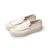 Front three-quarter view of the Moonstar Loafy Natural showing the classic loafer shape, natural tone canvas, and minimalist construction for Clothier & Sons.
