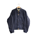 Front view of the Nigel Cabourn 40s Denim Jacket 12.5oz Indigo showing its vintage 1940s-inspired silhouette, button details, and indigo denim texture for Clothier & Sons.