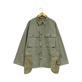 Front view of the Nigel Cabourn Fatigue Jacket Modify Green showing its military-inspired silhouette, patch pockets, and rugged construction for Clothier & Sons.