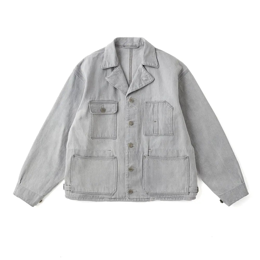 Front view of the Old Joe Cropped Engineering Jacket Fog showing the cropped silhouette, structured front design, and muted fog tone for Clothier & Sons.