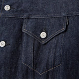 Pocket detail of the Old Joe Curved Flap Jean Jacket Indigo showing curved flap pocket design, stitching, and functional workwear-inspired construction for Clothier & Sons.