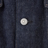 Side profile of the Old Joe Curved Flap Jean Jacket Indigo showing jacket length, sleeve shape, and structured denim fit for Clothier & Sons.