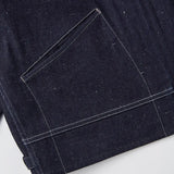 Side profile of the Old Joe Erwin Zip Jacket Indigo showing jacket length, sleeve line, and streamlined shape for Clothier & Sons.