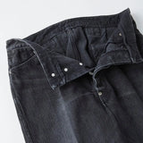 Waist detail of the Old Joe Flat-Back Jean Trouser 946 Graphite showing waistband construction, belt loops, and stitching finish for Clothier & Sons.