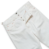 Waist detail of the Omnigod Clothier & Sons Selvedge White Jeans showing waistband construction, belt loops, and stitching finish for Clothier & Sons.