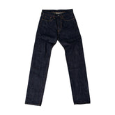 Front view of the Omnigod Straight One Washed showing the straight leg silhouette, one wash indigo tone, and classic five pocket construction for Clothier & Sons.