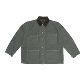 รายละเอียดปกแบบ Shawl Collar ของ orSlow Jacket สี Army Green แสดงพื้นผ้าและงานเย็บที่ละเอียดอ่อน