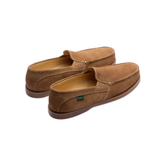 Heel detail of the Paraboot Cassis Honey showing rear stitching, suede finish, and relaxed loafer structure for Clothier & Sons.