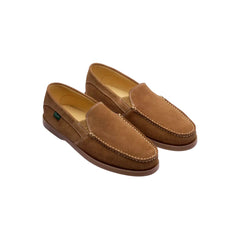 Side view of the Paraboot Cassis Honey highlighting the slip-on design, elastic side panels, and lightweight summer construction for Clothier & Sons.