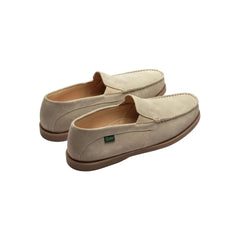 Heel detail of the Paraboot Cassis Taupe showing rear stitching, suede finish, and relaxed loafer structure for Clothier & Sons.