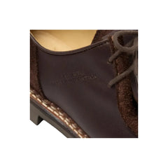 Close-up detail of the Paraboot x Universal Works Michael Smooth Velours Cafe highlighting the raw leather texture, velours suede panel, and collaborative branding for Clothier & Sons.