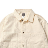 Collar detail of the Post O’Alls 3114R-MH4 USMC 1930s Utility Jacket Mini HBT Natural showing structured collar shape and mini herringbone twill texture for Clothier & Sons.