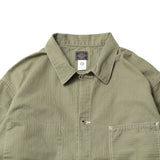 Collar detail of the Post O’Alls 3114R-MH4 USMC 1930s Utility Jacket Mini HBT Sage showing structured collar shape and mini herringbone twill texture for Clothier & Sons.