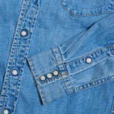 Pocket and stitching detail of the Remi Relief Flower Studded Western Shirts Used highlighting studded floral motifs, pocket shape, and craftsmanship for Clothier & Sons.