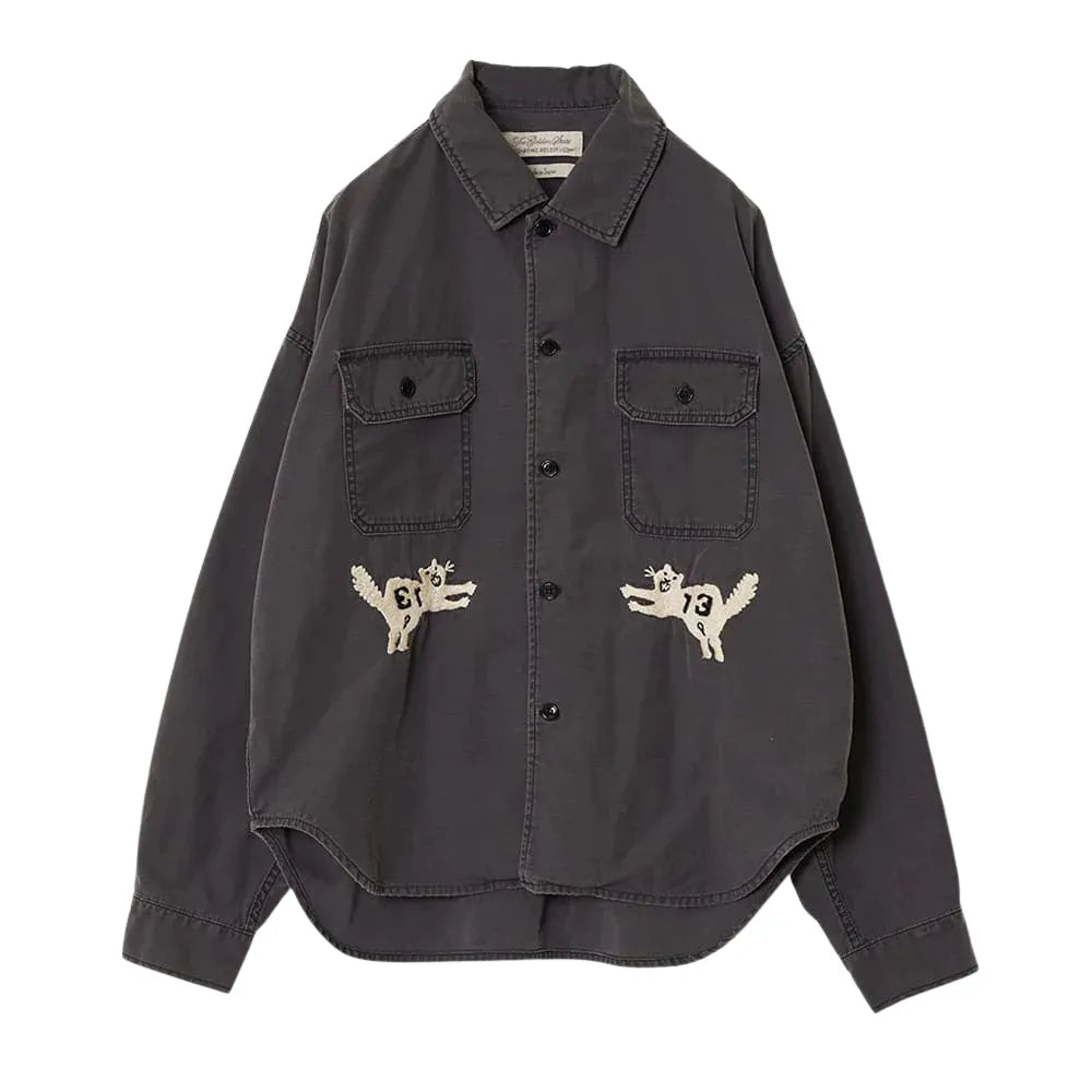 Front view of the Remi Relief Wide Military Shirt Embroidery Tiger Charcoal showing the relaxed silhouette, dual chest pockets, and charcoal base tone.