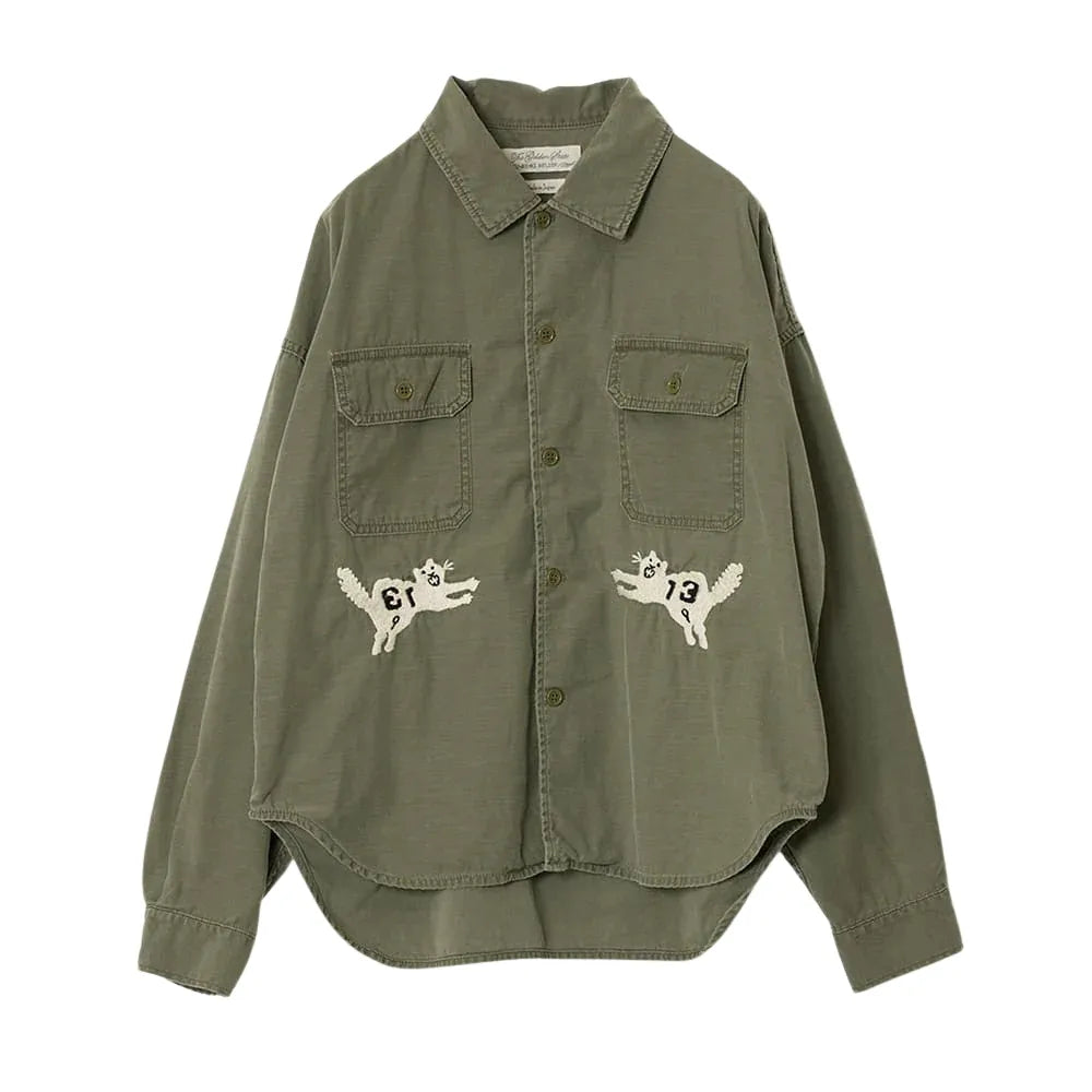 Front view of the Remi Relief Wide Military Shirt Embroidery Tiger Khaki showing the relaxed silhouette, military pockets, and khaki base tone.