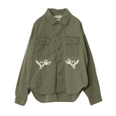 Front view of the Remi Relief Wide Military Shirt Embroidery Tiger Khaki showing the relaxed silhouette, military pockets, and khaki base tone.