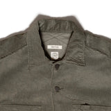 Close-up of spread collar and topstitching on Seuvas Corduroy CPO Shirt in sage.