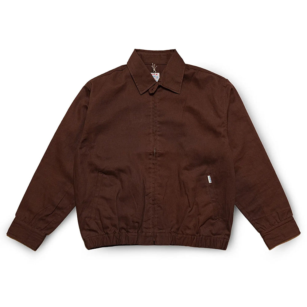 Front view of the Sugar & Co. SGR-JK26 Baby’s Chino Jacket Brown showing the compact silhouette, classic chino fabric, and workwear-inspired design for Clothier & Sons.